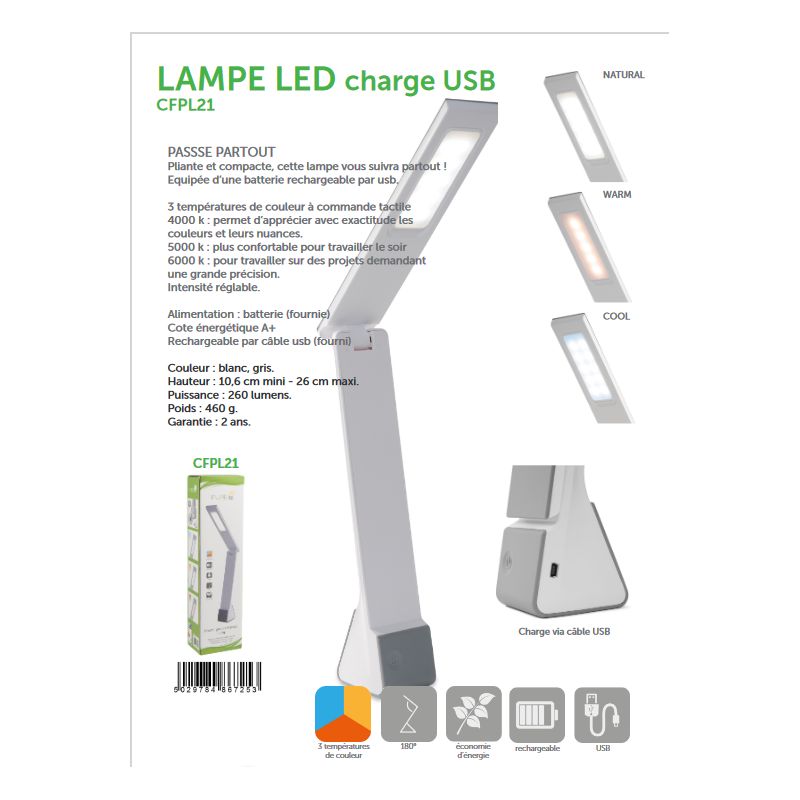LAMPE LED REGHARGEABLE USB PURELITE CFPL21